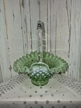 Fenton Green Hobnail Glass Basket with Ruffled Edge